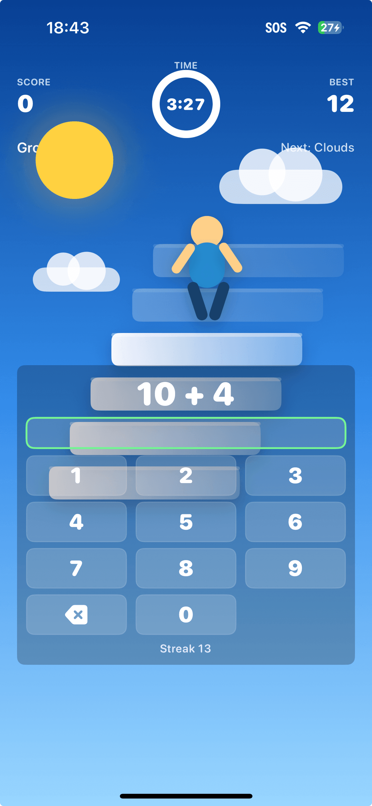 Math Levels gameplay — a climber ascends a staircase while solving 10 + 4