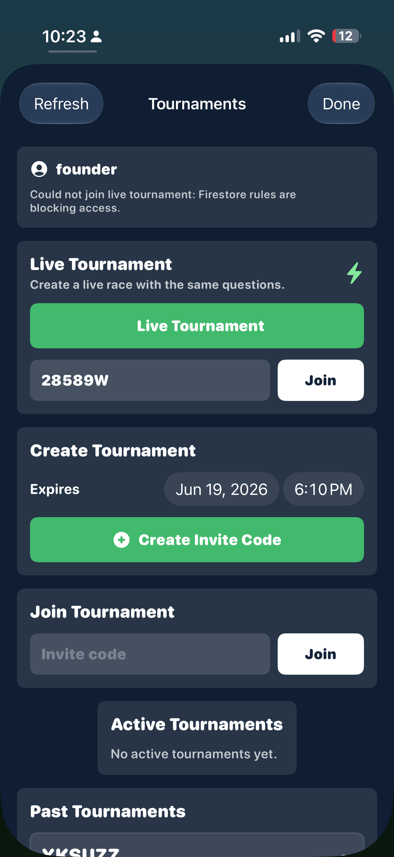 Math Levels tournaments screen with live and invite-code races